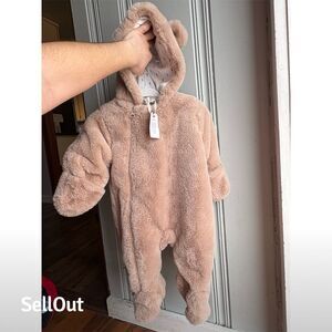 First Wish Unisex Baby Fur Jumpsuit Bunting Zip with Hood 3/6 Months Brown NEW
